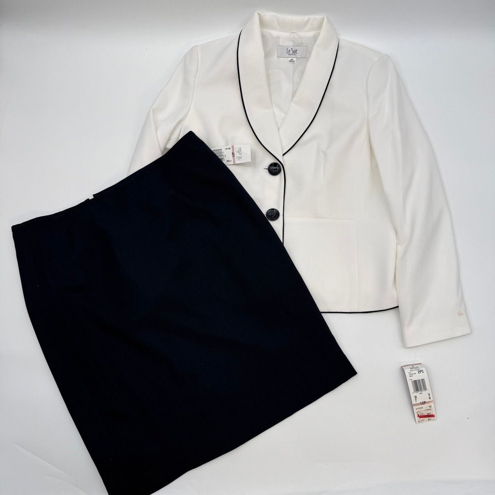 Le Suit Women 12P Skirt Suit White Black Shawl Collar Piping 2pc Set NWT